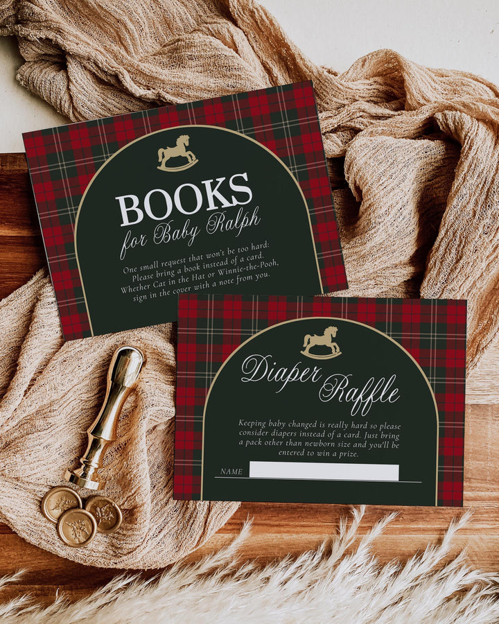 Red and Green Tartan Plaid Baby Shower Invitation Set, Vintage Rocking Horse Christmas Invite Template #068rh - TheLovebirdsDesign