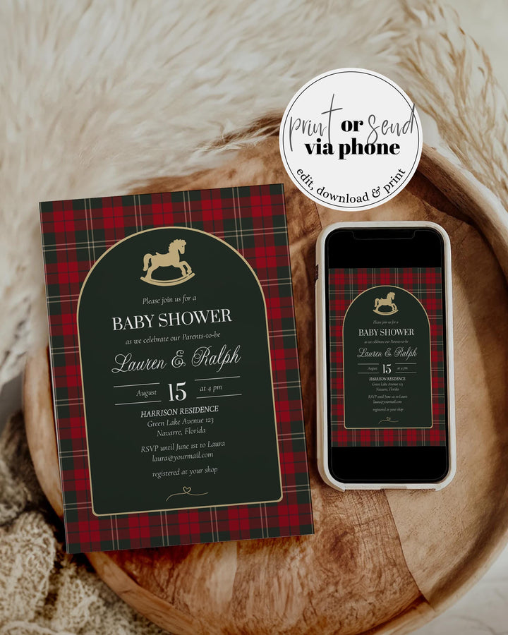 Red and Green Tartan Plaid Baby Shower Invitation Set, Vintage Rocking Horse Christmas Invite Template #068rh - TheLovebirdsDesign