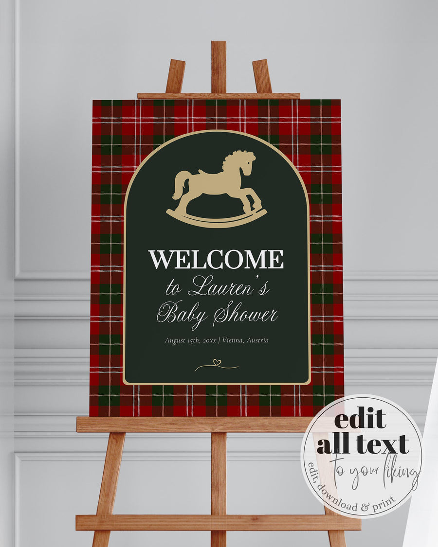 Vintage Rocking Horse Christmas Baby Shower Welcome Sign Template, Red Green Plaid Decoration 068RH-RE-WLCM - marryful.org