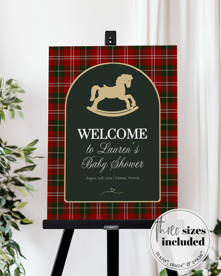 Vintage Rocking Horse Christmas Baby Shower Welcome Sign Template, Red Green Plaid Decoration #068rh - TheLovebirdsDesign