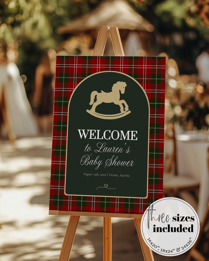 Vintage Rocking Horse Christmas Baby Shower Welcome Sign Template, Red Green Plaid Decoration #068rh - TheLovebirdsDesign