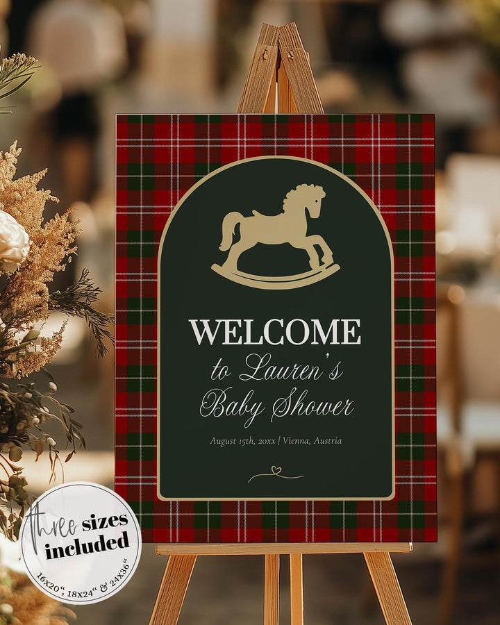 Vintage Rocking Horse Christmas Baby Shower Welcome Sign Template, Red Green Plaid Decoration #068rh - TheLovebirdsDesign