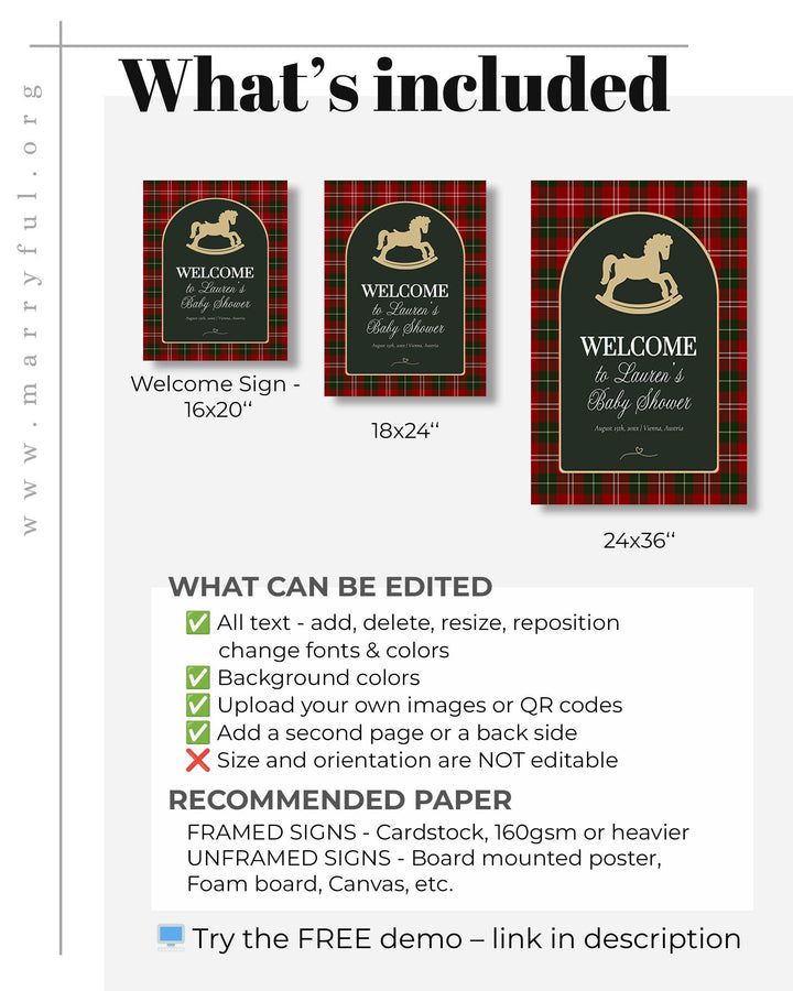 Vintage Rocking Horse Christmas Baby Shower Welcome Sign Template, Red Green Plaid Decoration #068rh - TheLovebirdsDesign
