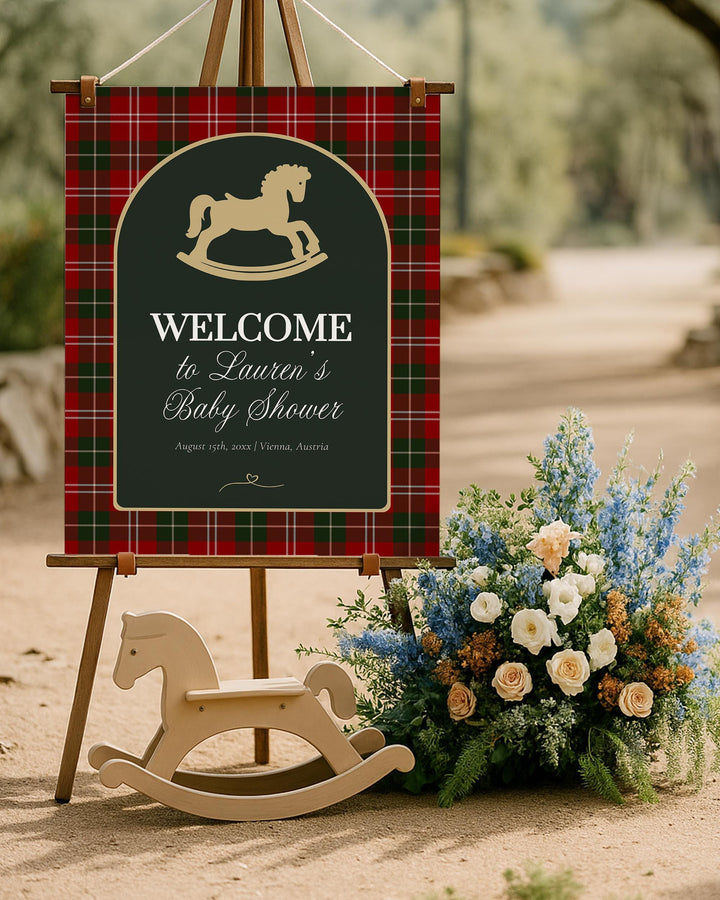 Vintage Rocking Horse Christmas Baby Shower Welcome Sign Template, Red Green Plaid Decoration #068rh - TheLovebirdsDesign