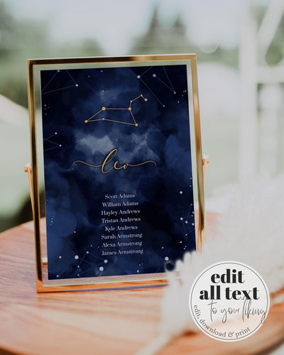 Celestial Seating Chart Cards Zodiac Constellation Wedding Table Numbers Cosmic Editable Template #066 - marryful.org