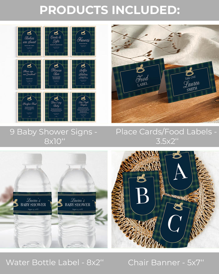 Polo Baby Shower Bundle, Vintage Navy Green Gold Rocking Horse Invitation & Décor Template Set #068rl - TheLovebirdsDesign