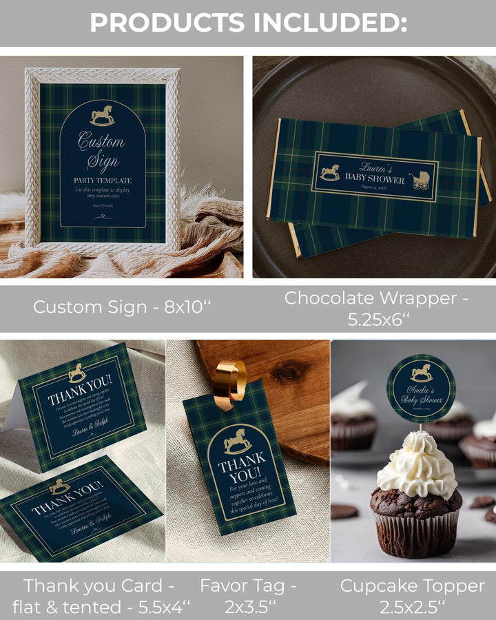 Polo Baby Shower Bundle, Vintage Navy Green Gold Rocking Horse Invitation & Décor Template Set #068rl - TheLovebirdsDesign
