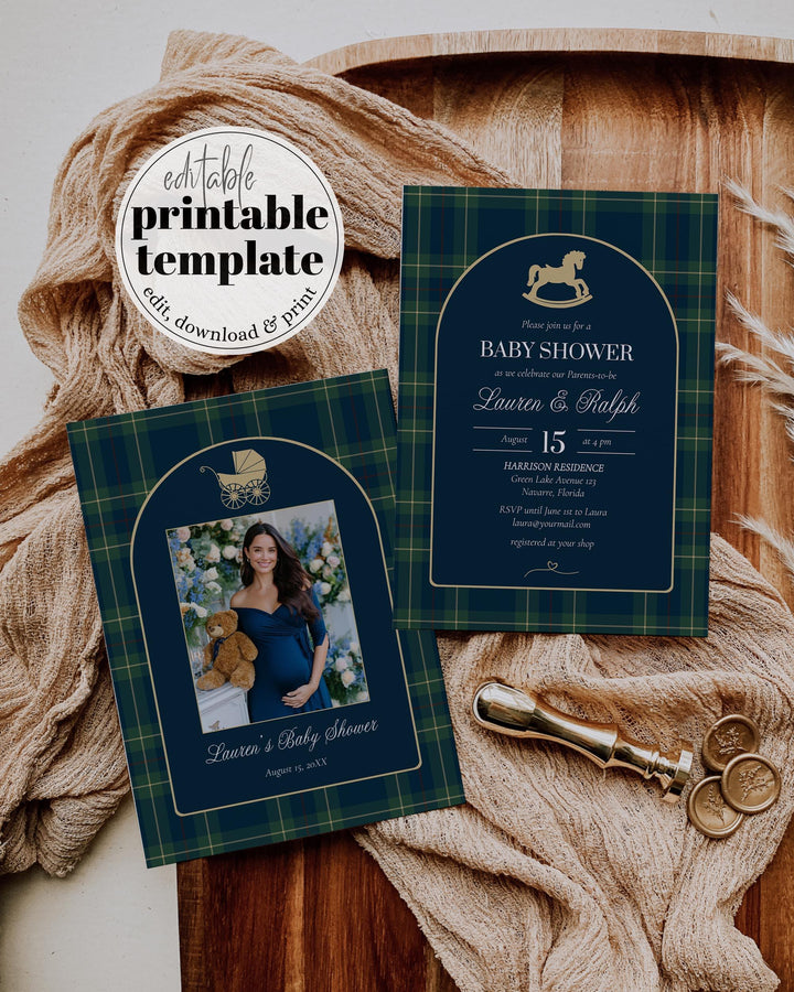 Polo Baby Shower Bundle, Vintage Navy Green Gold Rocking Horse Invitation & Décor Template Set #068rl - TheLovebirdsDesign