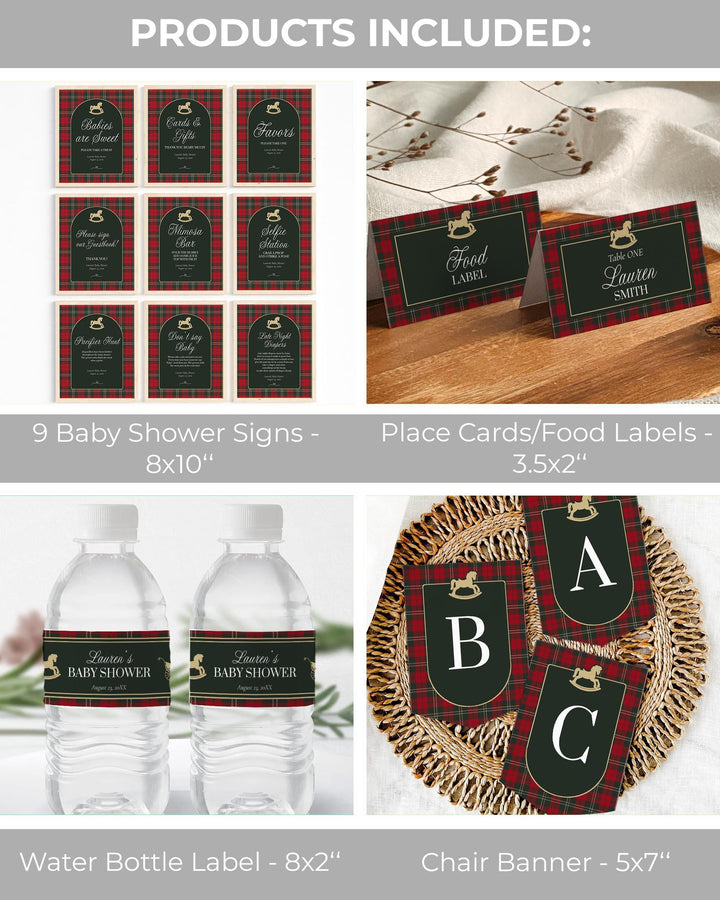 Vintage Rocking Horse Christmas Baby Shower Bundle, Red and Green Tartan Invitation and Decor Templates #068rl - TheLovebirdsDesign