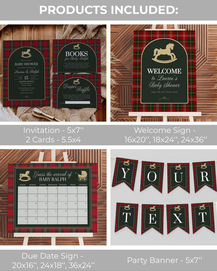 Vintage Rocking Horse Christmas Baby Shower Bundle, Red and Green Tartan Invitation and Decor Templates #068rl - TheLovebirdsDesign