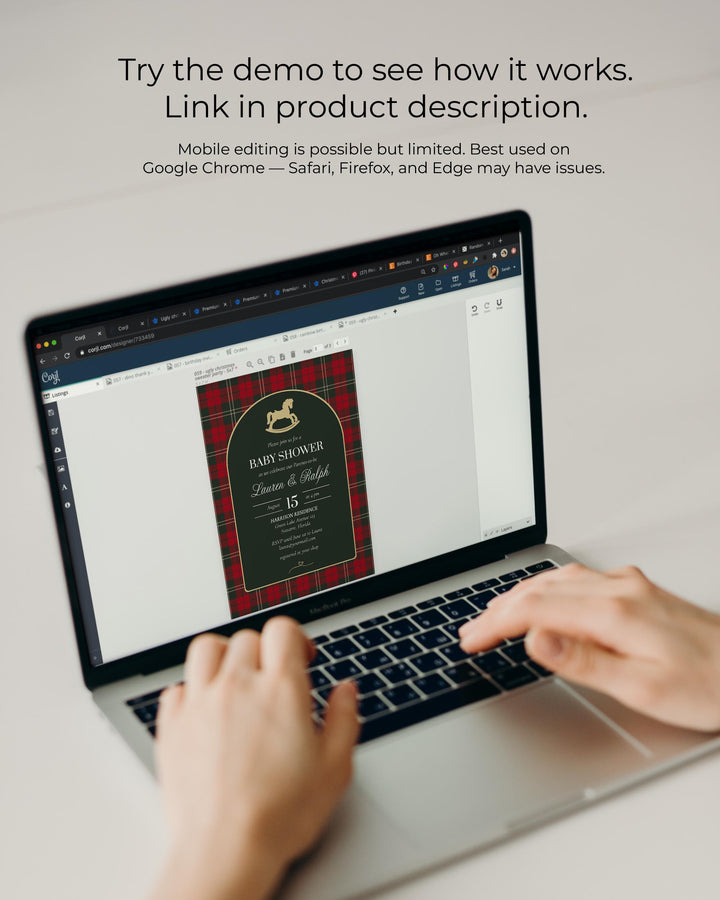 Vintage Rocking Horse Christmas Baby Shower Bundle, Red and Green Tartan Invitation and Decor Templates #068rl - TheLovebirdsDesign