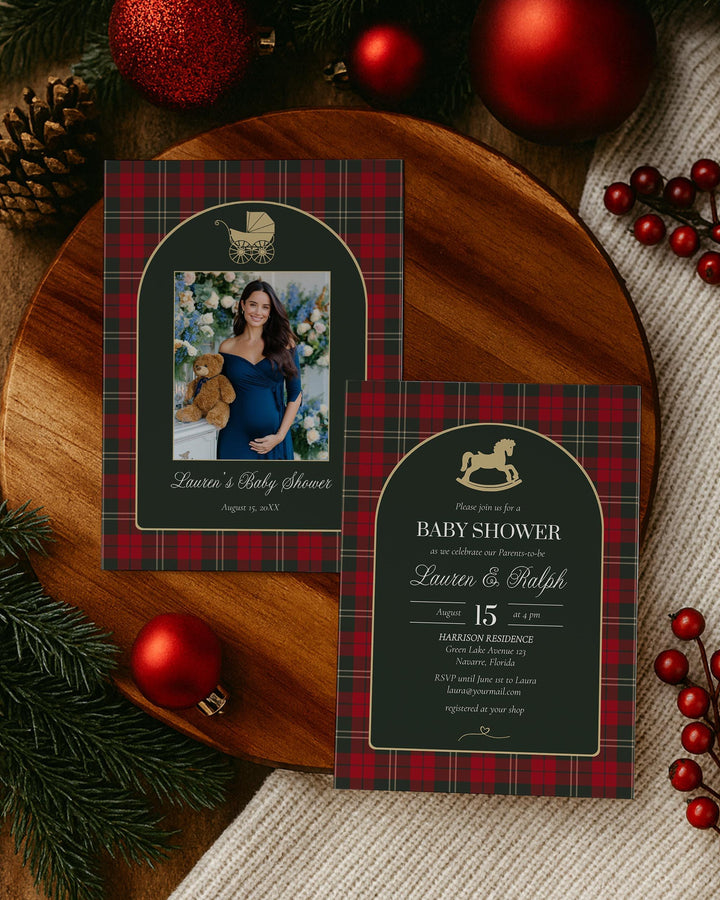 Vintage Rocking Horse Christmas Baby Shower Bundle, Red and Green Tartan Invitation and Decor Templates #068rl - TheLovebirdsDesign