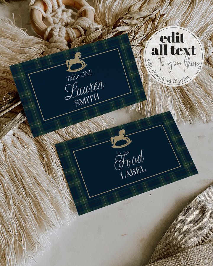 Polo Baby Shower Place Card Template, Navy Green Gold Rocking Horse Name Card #068rl - TheLovebirdsDesign