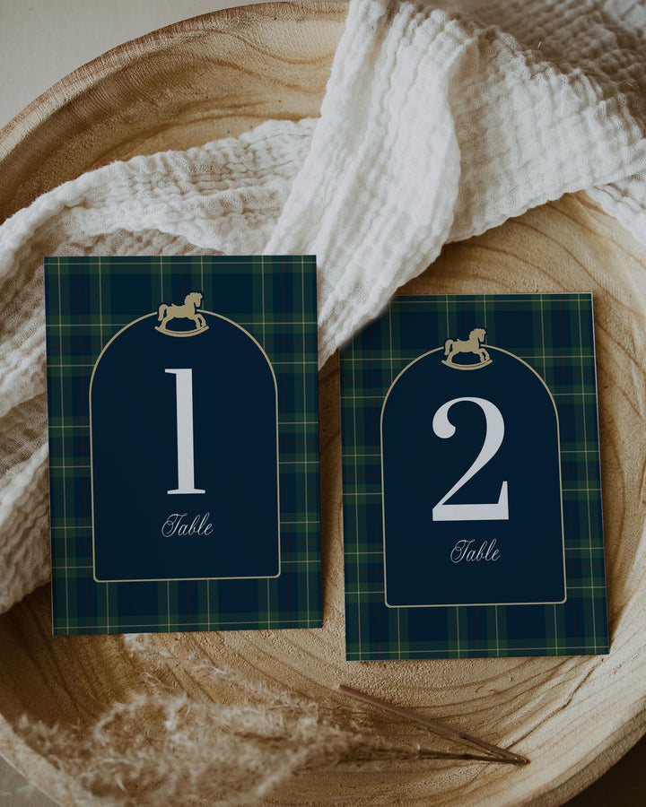 Polo Baby Shower Table Number Template, Vintage Navy Green Gold Rocking Horse Printable #068rl - TheLovebirdsDesign