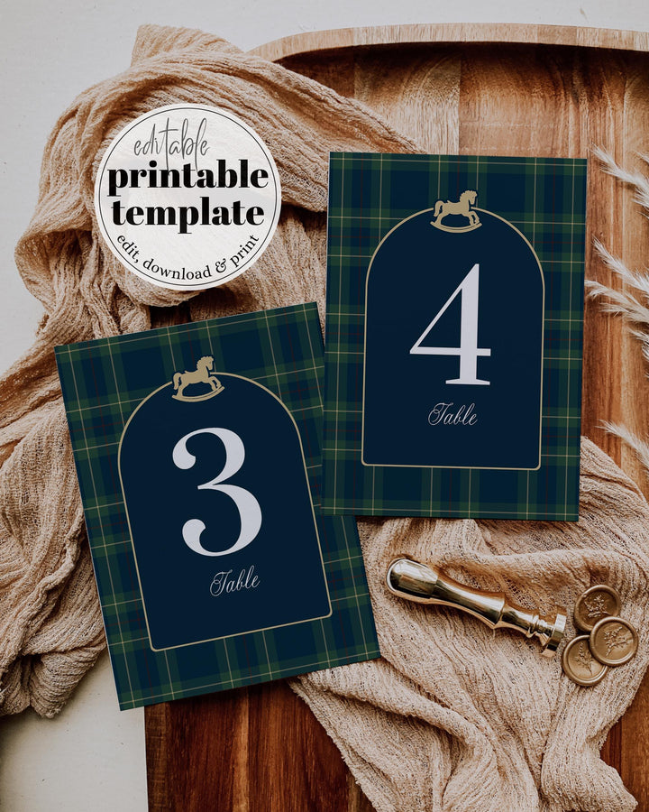 Polo Baby Shower Table Number Template, Vintage Navy Green Gold Rocking Horse Printable #068rl - TheLovebirdsDesign