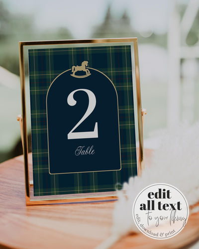 Polo Baby Shower Table Number Template, Vintage Navy Green Gold Rocking Horse Printable #068rl - TheLovebirdsDesign