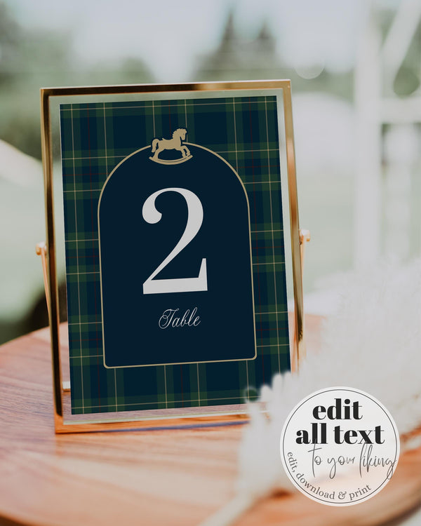 Polo Baby Shower Table Number Template, Vintage Navy Green Gold Rocking Horse Printable #068rl - TheLovebirdsDesign