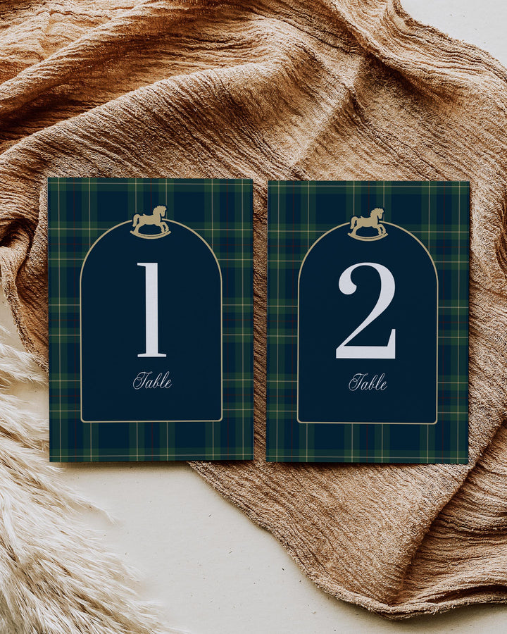Polo Baby Shower Table Number Template, Vintage Navy Green Gold Rocking Horse Printable #068rl - TheLovebirdsDesign