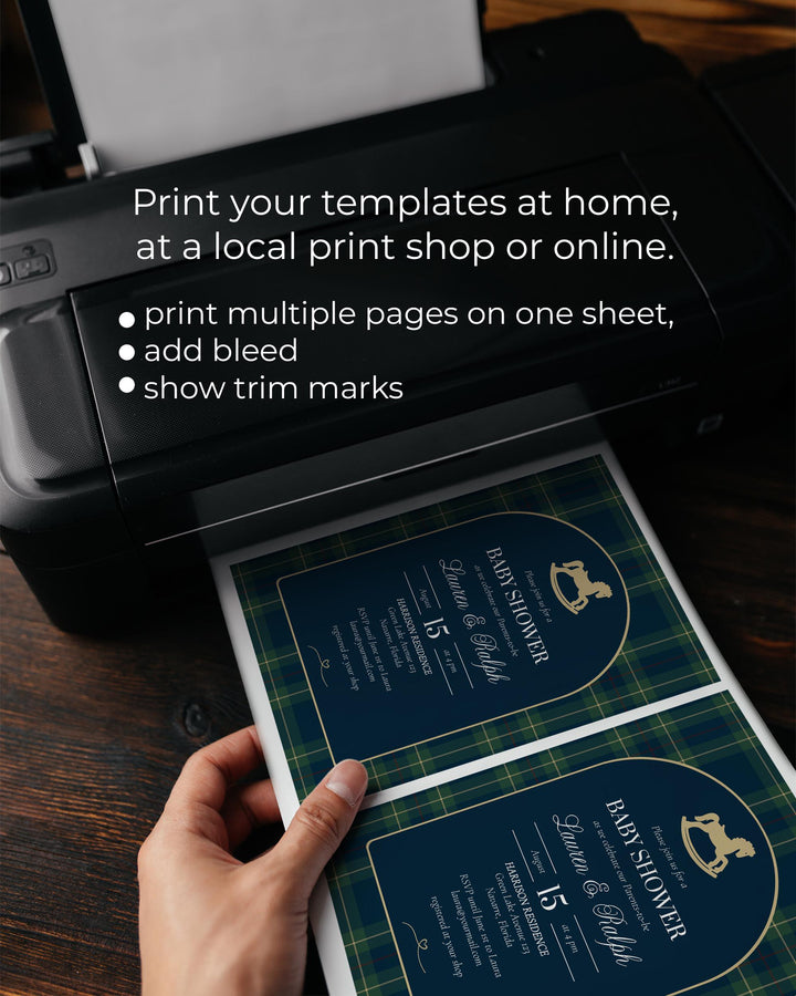 Polo Baby Shower Place Card Template, Navy Green Gold Rocking Horse Name Card #068rl - TheLovebirdsDesign