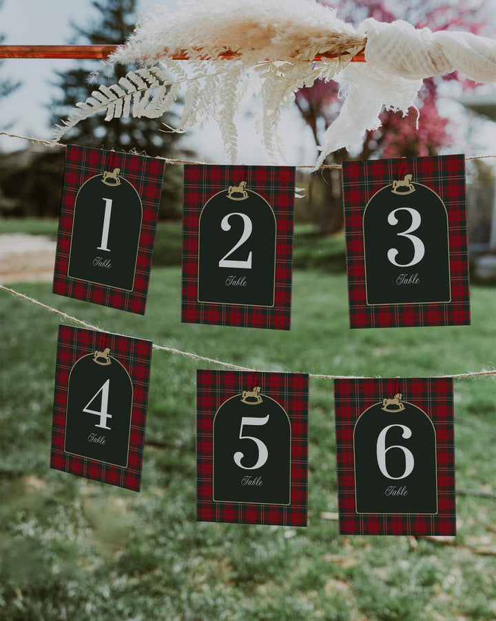 Vintage Rocking Horse Table Numbers, Red Green Plaid Christmas Baby Shower Table Decor #068rh - TheLovebirdsDesign