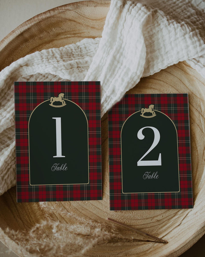 Vintage Rocking Horse Table Numbers, Red Green Plaid Christmas Baby Shower Table Decor #068rh - TheLovebirdsDesign