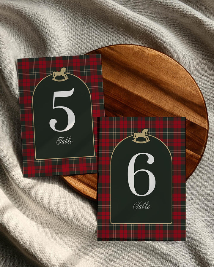Vintage Rocking Horse Table Numbers, Red Green Plaid Christmas Baby Shower Table Decor #068rh - TheLovebirdsDesign