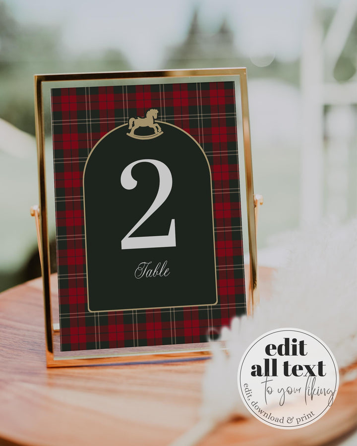 Vintage Rocking Horse Table Numbers, Red Green Plaid Christmas Baby Shower Table Decor #068rh - TheLovebirdsDesign