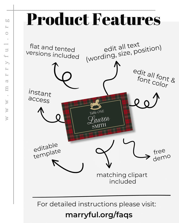 Vintage Rocking Horse Christmas Baby Shower Place Cards, Red Green Plaid Name Card Template #068rh - TheLovebirdsDesign