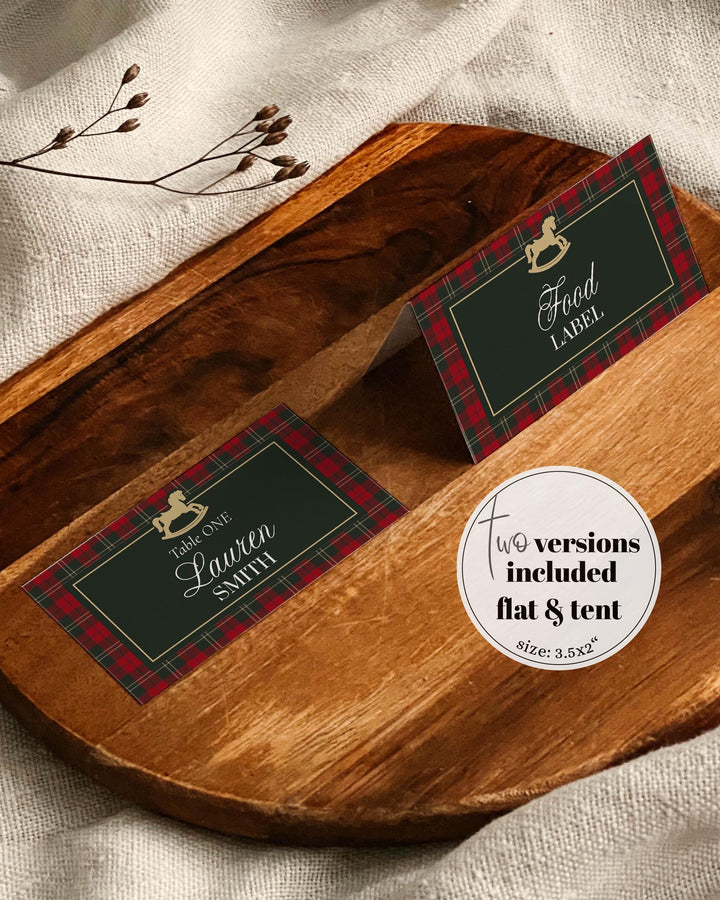 Vintage Rocking Horse Christmas Baby Shower Place Cards, Red Green Plaid Name Card Template #068rh - TheLovebirdsDesign