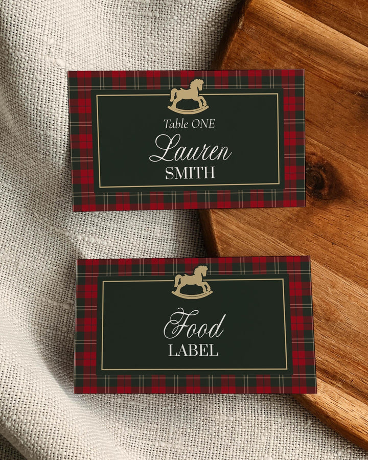 Vintage Rocking Horse Christmas Baby Shower Place Cards, Red Green Plaid Name Card Template #068rh - TheLovebirdsDesign