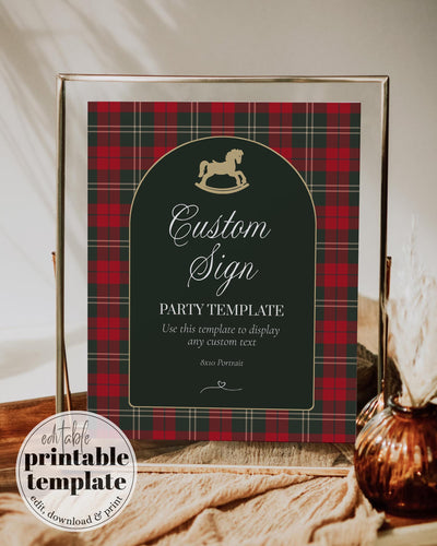 Red and Green Rocking Horse Baby Shower Custom Sign Template, Vintage Christmas Baby Decor #068rl - TheLovebirdsDesign