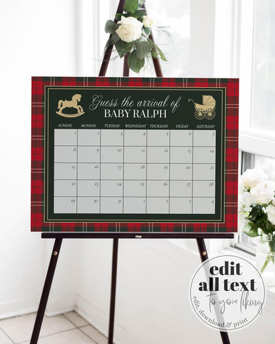 Red and Green Rocking Horse Baby Shower Guess Due Date Game Sign, Vintage Holiday Baby Arrival Template #068rl - TheLovebirdsDesign