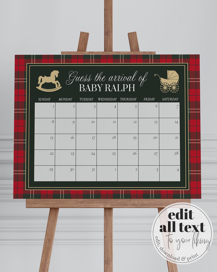 Red and Green Rocking Horse Baby Shower Guess Due Date Game Sign, Vintage Holiday Baby Arrival Template #068rl - TheLovebirdsDesign