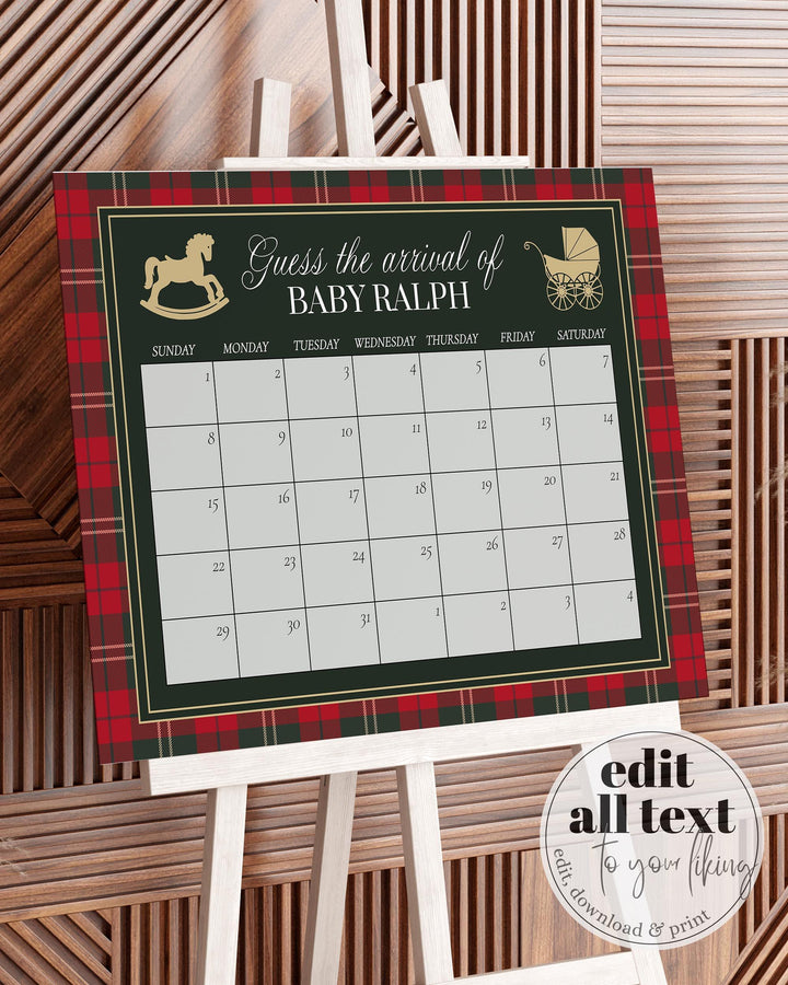 Red and Green Rocking Horse Baby Shower Guess Due Date Game Sign, Vintage Holiday Baby Arrival Template #068rl - TheLovebirdsDesign