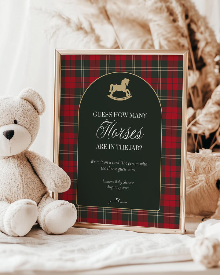 Red and Green Rocking Horse Baby Shower Game, Guess How Many Horses Sign and Card Template #068rh - TheLovebirdsDesign