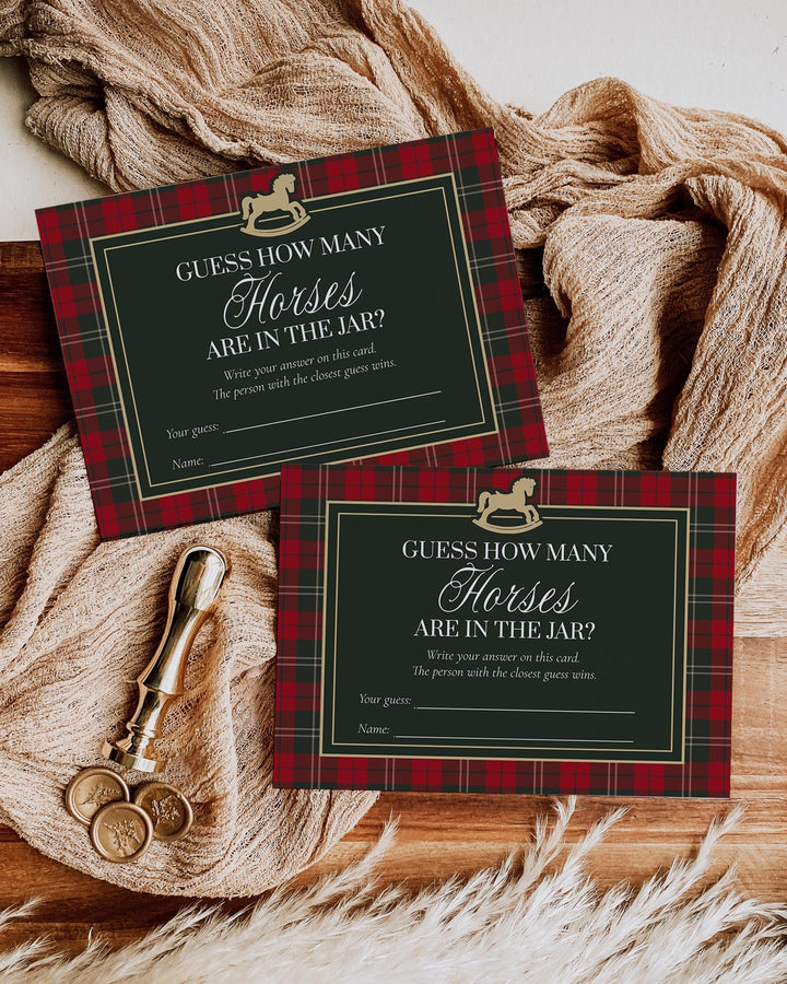 Red and Green Rocking Horse Baby Shower Game, Guess How Many Horses Sign and Card Template #068rh - TheLovebirdsDesign