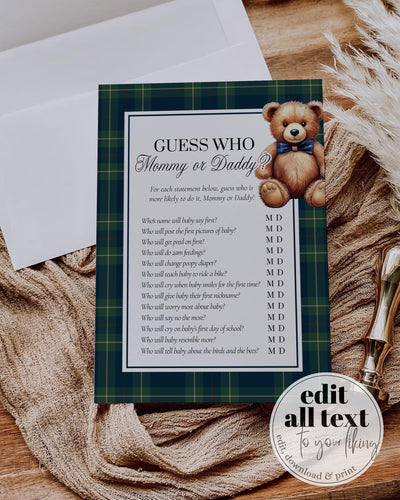Teddy Bear Baby Shower Game, Guess Mommy or Daddy Plaid Template 068RL-GAME - marryful.org