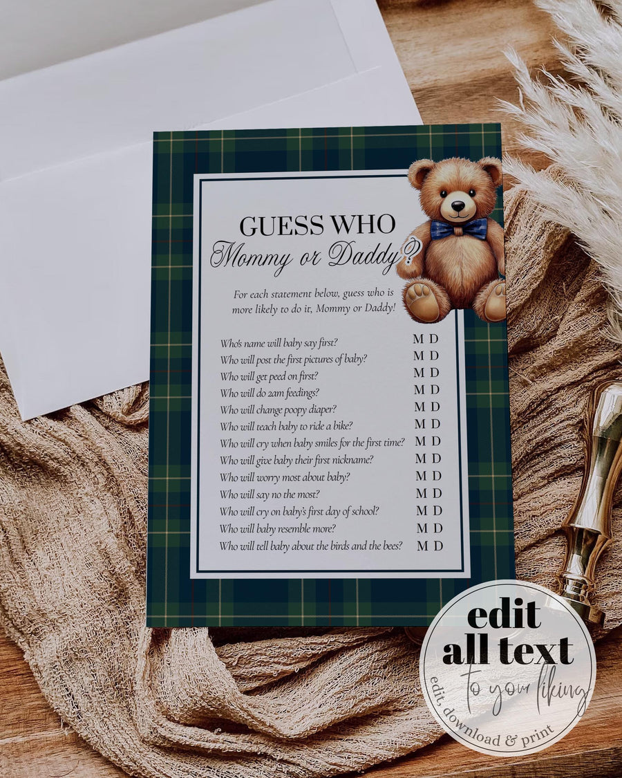 Teddy Bear Baby Shower Game, Guess Mommy or Daddy Plaid Template 068RL-GAME - marryful.org