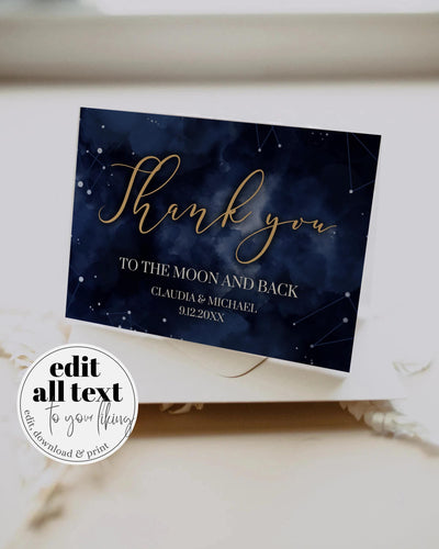 Celestial Wedding Thank You Card Template, Navy Gold Starry Night Printable 066CE-THCA - marryful.org
