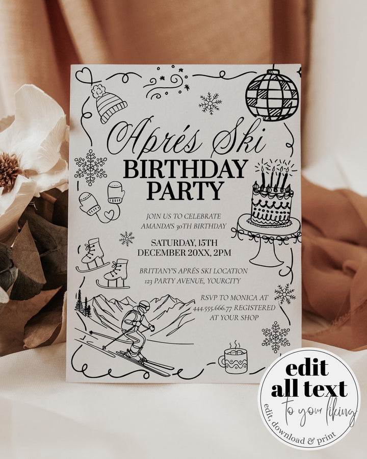 Winter Après-Ski Birthday Invitation, Handwritten Doodle Ski Party Invite #070 - TheLovebirdsDesign