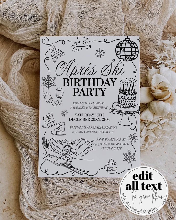 Winter Après-Ski Birthday Invitation, Handwritten Doodle Ski Party Invite #070 - TheLovebirdsDesign
