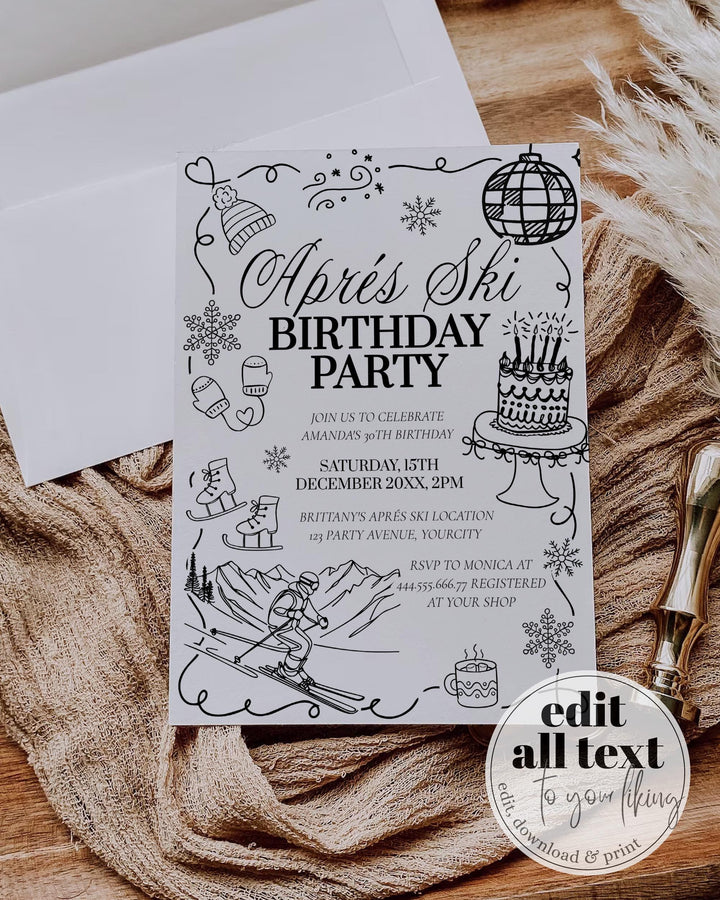Winter Après-Ski Birthday Invitation, Handwritten Doodle Ski Party Invite #070 - TheLovebirdsDesign