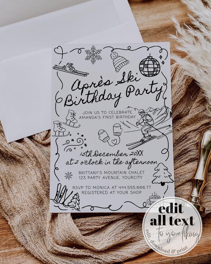 Winter Birthday Invitation Template, Après Ski Party Invite with Funky Handwritten Font #070 - TheLovebirdsDesign