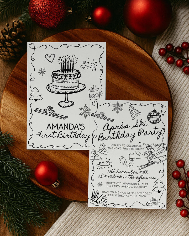 Winter Birthday Invitation Template, Après Ski Party Invite with Funky Handwritten Font #070 - TheLovebirdsDesign