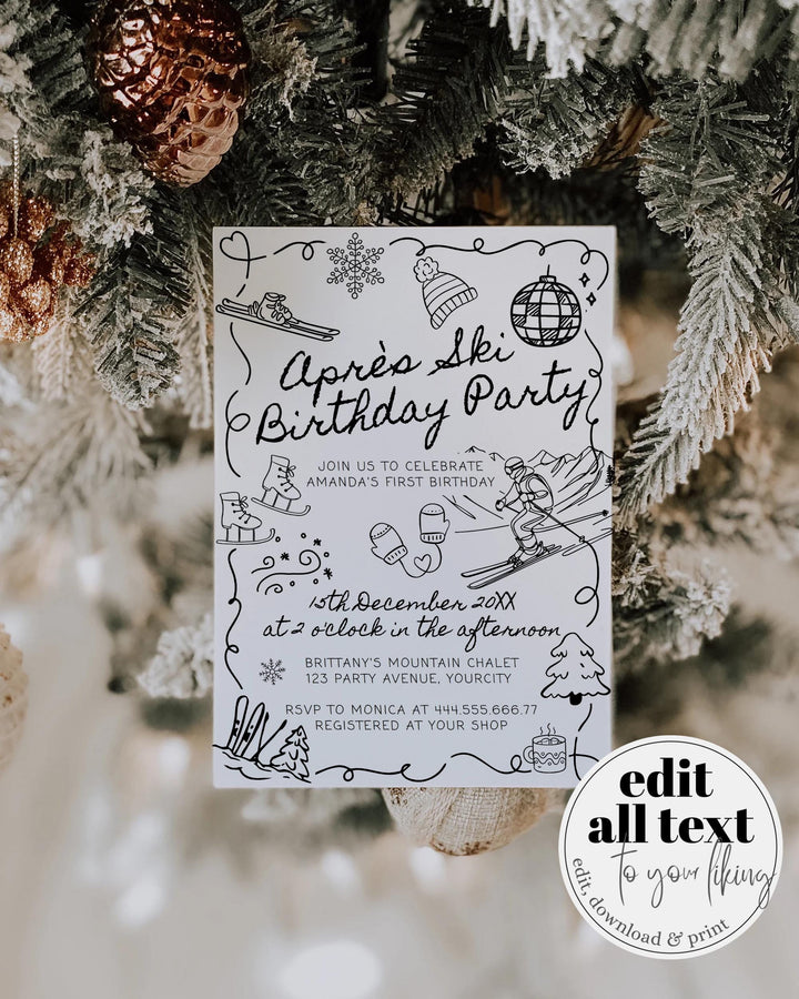 Winter Birthday Invitation Template, Après Ski Party Invite with Funky Handwritten Font #070 - TheLovebirdsDesign