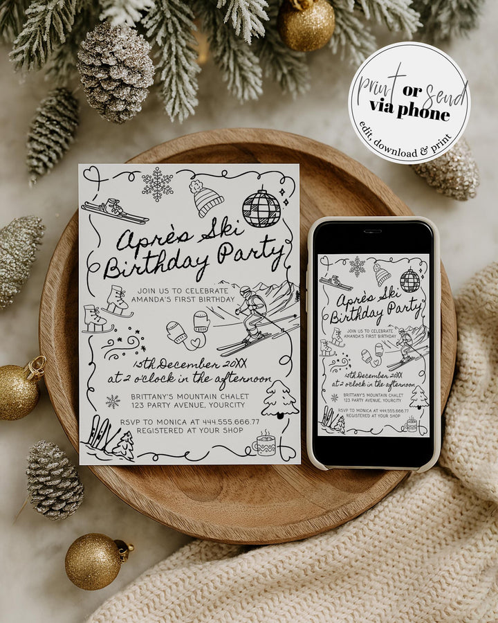 Winter Birthday Invitation Template, Après Ski Party Invite with Funky Handwritten Font #070 - TheLovebirdsDesign