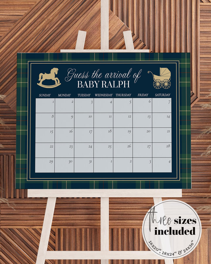 Polo Baby Shower Guess Due Date Sign, Vintage Navy Green Gold Rocking Horse Game Template #068rl - TheLovebirdsDesign