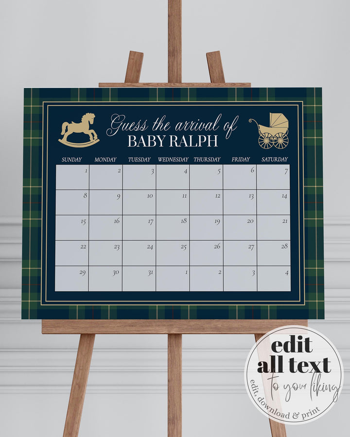 Polo Baby Shower Guess Due Date Sign, Vintage Navy Green Gold Rocking Horse Game Template #068rl - TheLovebirdsDesign