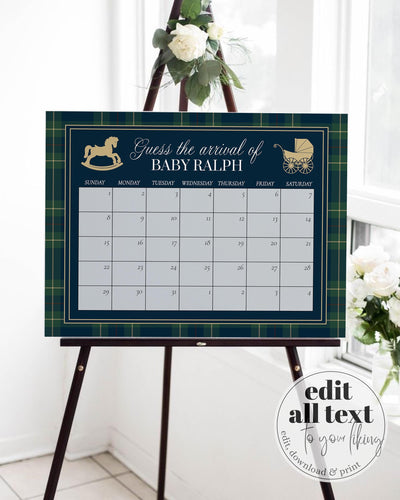 Polo Baby Shower Guess Due Date Sign, Vintage Navy Green Gold Rocking Horse Game Template #068rl - TheLovebirdsDesign