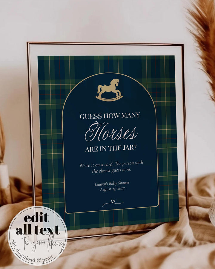 Polo Baby Shower Guess How Many Horses Game, Navy Green Gold Rocking Horse Sign and Card #068rl - TheLovebirdsDesign